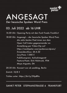Feature beim „Angesagt“ Spoken Word Preis am 3.7. in Frankfurt